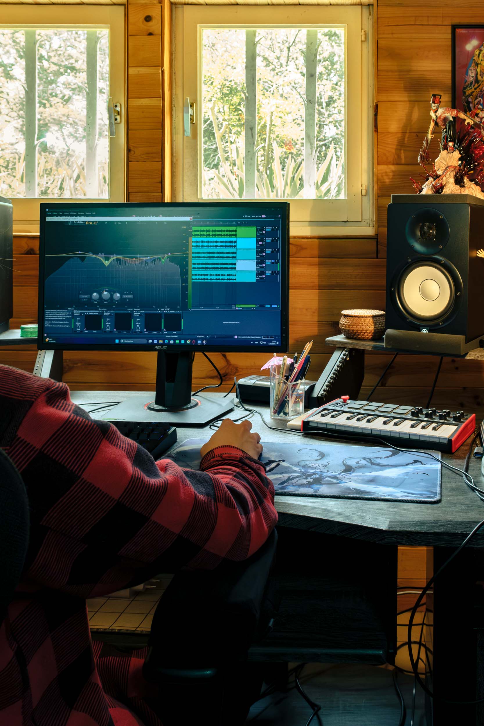 desk and monitors with the Pyrenees in the window